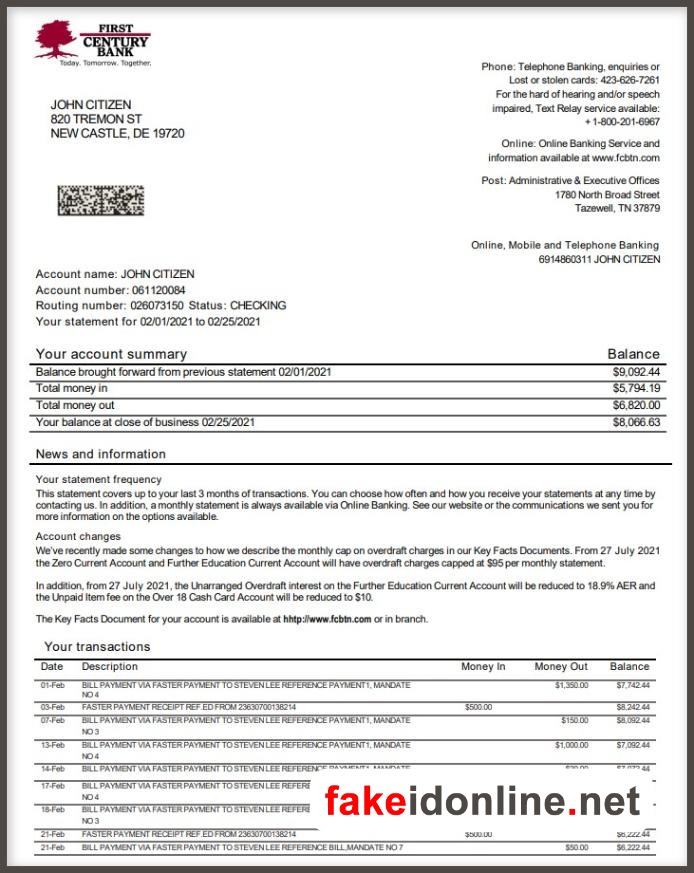 First Century Bank Statement PSD Template (Payoneer)